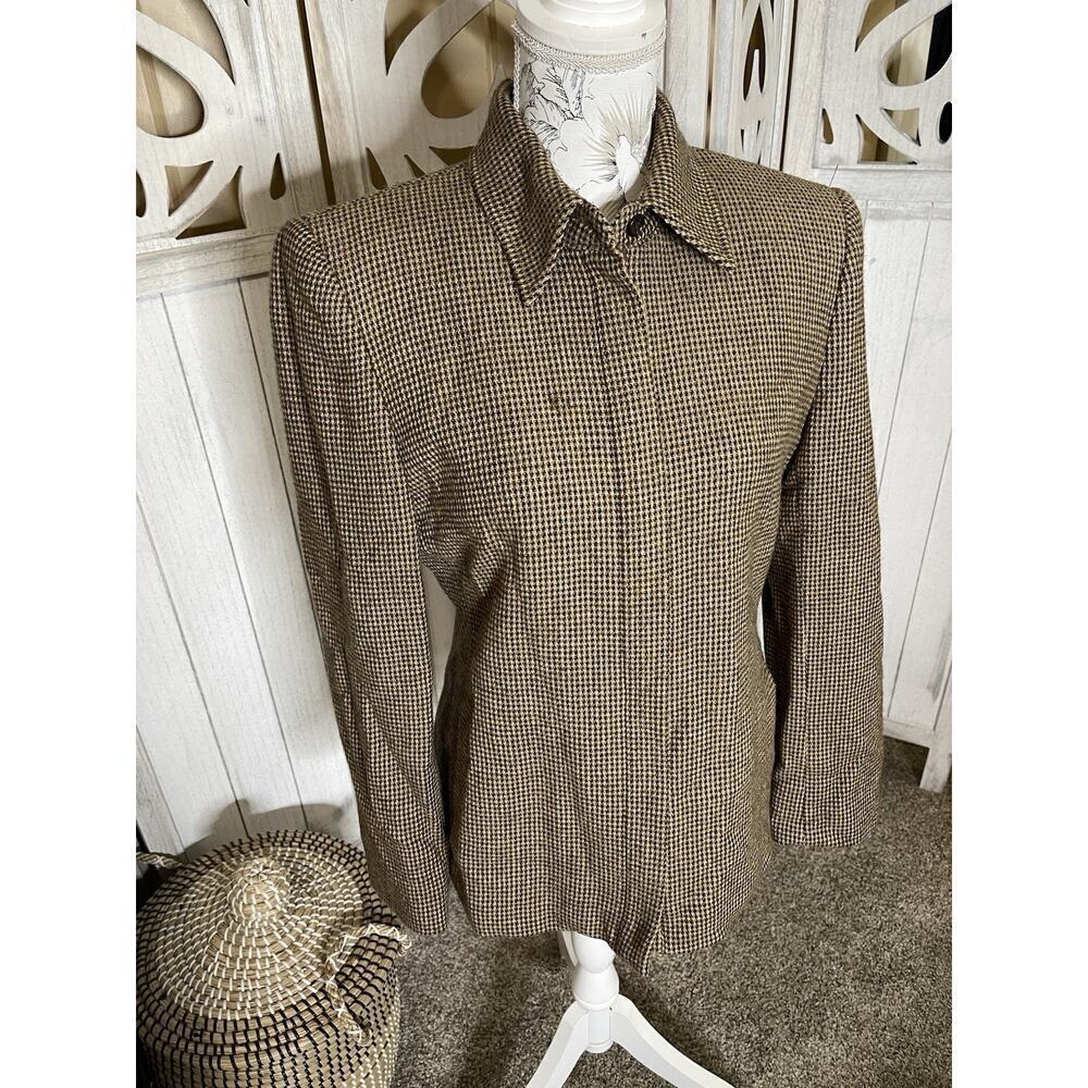 Vintage LAUREN RALPH LAUREN Brown Herringbone Wool Blazer Jacket Zip Size 6